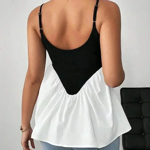 Black and White Casual Women's Contrast Color Deep V-Neck Cami Top - Picture 3 of 6